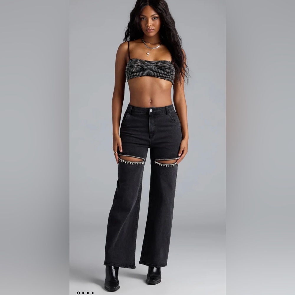 So Obsessed Rhinestone Cutout Straight Leg Denim Jeans
